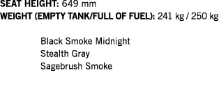 SEAT HEIGHT: 649 mm WEIGHT (EMPTY TANK FULL OF FUEL): 241 kg   250 kg  Black Smoke Midnight Stealth Gray Sagebrush Smoke